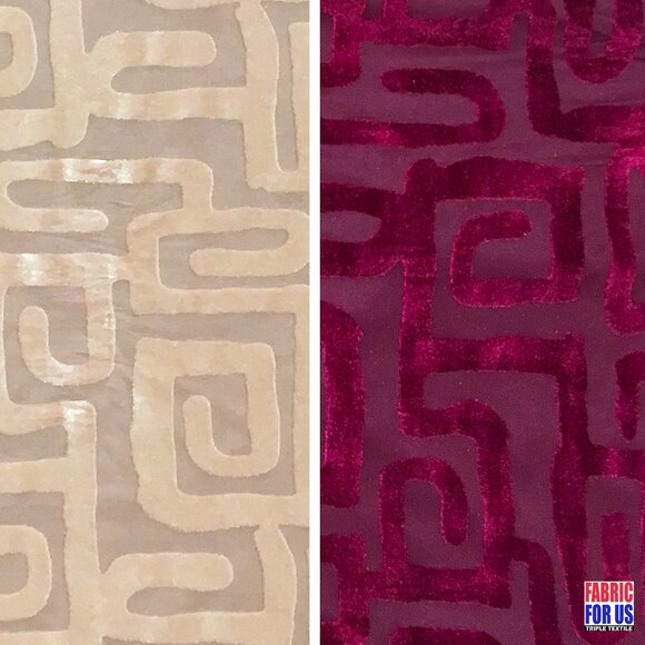 Greek Key Burnout Velvet Pre-Classic Burgundy / Beige 58"/60" Wide - Picture 1 of 4